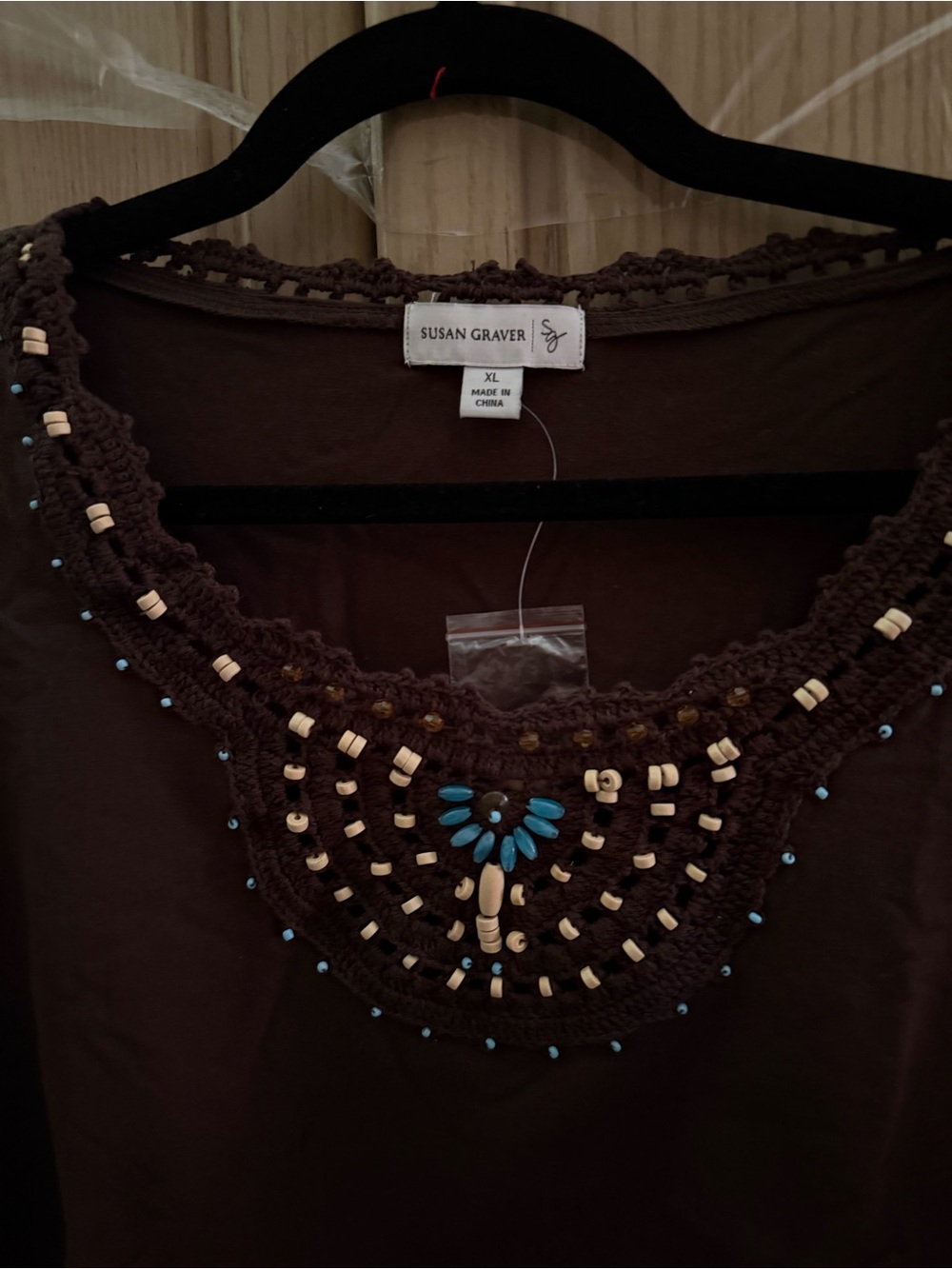 Susan Graver Brown Crochet-Neck Top with Turquoise & Cream Beads